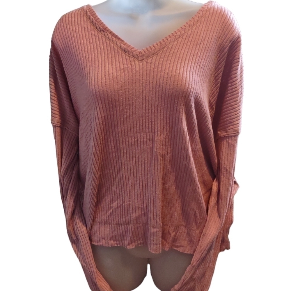 Wild Fable Pink Ribbed Long Sleeve V Neck T Shirt Small